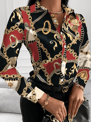 Inrosy chemise blouse imprimé chaîne boutonnage col chemise manches longues femme mode décontracté hauts