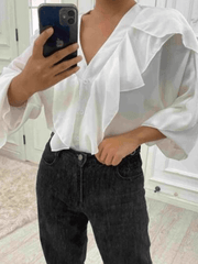 Inrosy chemise unicolore mousseline à volantée boutonnage v-cou manches longues femme élégant mode blouse hauts