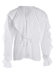 Inrosy chemise unicolore mousseline à volantée boutonnage v-cou manches longues femme élégant mode blouse hauts