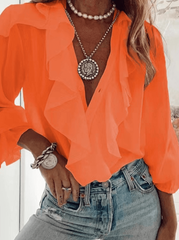 Inrosy chemise unicolore mousseline à volantée boutonnage v-cou manches longues femme élégant mode blouse hauts