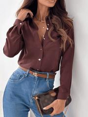 Inrosy chemisier unicolore boutonnage col chemise manches longues femme casual style tailleur élégant mode blouse