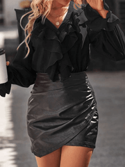 Inrosy chemise à volantée boutonnage v-cou col jabot manches évasées manches longues femme doux élégant mode blouse