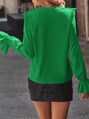 Inrosy chemise à volantée boutonnage v-cou col jabot manches évasées manches longues femme doux élégant mode blouse