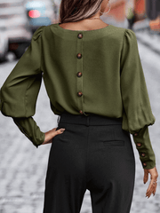 Inrosy blouse unicolore boutonnage col rond manches gigot manches longues femme élégant mode hauts