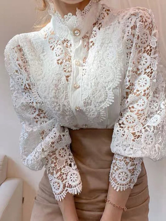 Inrosy blouse fleurie dentelle broderie anglaise boutonnage col montant manches longues femme doux élégant chemisier style tailleur