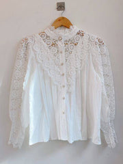 Inrosy blouse fleurie dentelle broderie anglaise boutonnage col montant manches longues femme doux élégant chemisier style tailleur