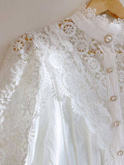 Inrosy blouse fleurie dentelle broderie anglaise boutonnage col montant manches longues femme doux élégant chemisier style tailleur