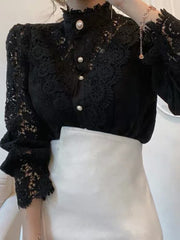 Inrosy blouse fleurie dentelle broderie anglaise boutonnage col montant manches longues femme doux élégant chemisier style tailleur