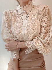 Inrosy blouse fleurie dentelle broderie anglaise boutonnage col montant manches longues femme doux élégant chemisier style tailleur
