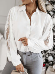 Inrosy blouse dentelle boutonnage col revers manches bishop manches longues femme casual élégant oversized décontracté