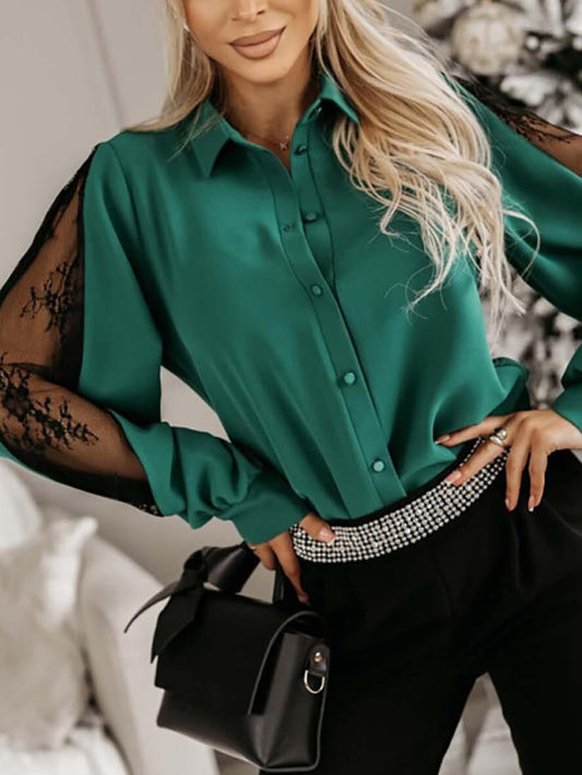 Inrosy blouse dentelle boutonnage col revers manches bishop manches longues femme casual élégant oversized décontracté