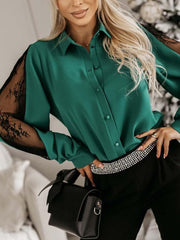 Inrosy blouse dentelle boutonnage col revers manches bishop manches longues femme casual élégant oversized décontracté