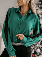 Inrosy blouse dentelle boutonnage col revers manches bishop manches longues femme casual élégant oversized décontracté