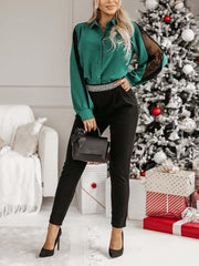 Inrosy blouse dentelle boutonnage col revers manches bishop manches longues femme casual élégant oversized décontracté