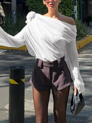 Inrosy blouse fleurie mousseline tulle une épaule manches longues femme casual doux élégant mode décontracté t-shirts