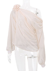 Inrosy blouse fleurie mousseline tulle une épaule manches longues femme casual doux élégant mode décontracté t-shirts