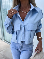Inrosy courte blouse boutonnage poches col chemise manches chauve souris manches longues femme casual lâche décontracté