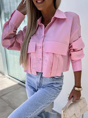 Inrosy courte blouse boutonnage poches col chemise manches chauve souris manches longues femme casual lâche décontracté