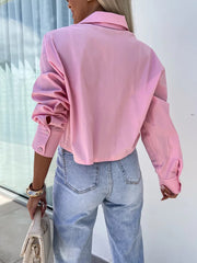 Inrosy courte blouse boutonnage poches col chemise manches chauve souris manches longues femme casual lâche décontracté