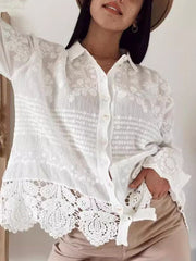 Inrosy blouse dentelle broderie anglaise mousseline boutonnage col chemise manches longues femme décontracté mode oversized hauts