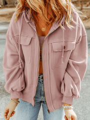 Inrosy sweatshirt unicolore poches à capuche manches longues fermeture éclair femme casual mode décontracté veste automne