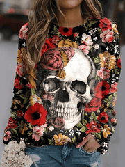 Inrosy sweatshirt avec fleurie skull col rond manches longues femme mode vintage décontracté halloween hauts