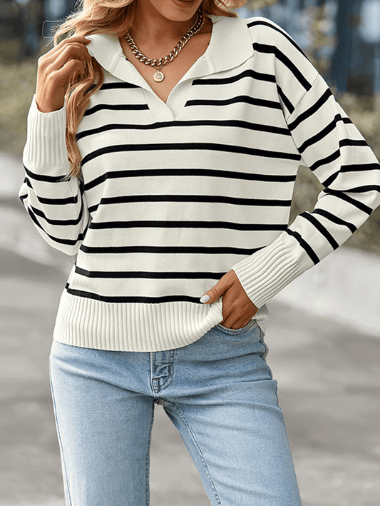 Inrosy pull rayé polo manches longues femme casual mode décontracté hauts