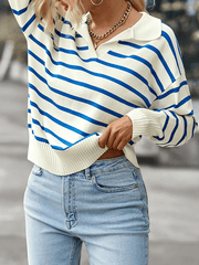 Inrosy pull rayé polo manches longues femme casual mode décontracté hauts