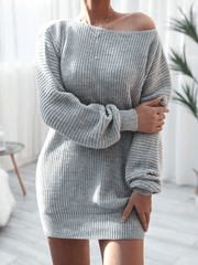 Inrosy pull en maille dos nu une épaule col bateau manches longues femme casual élégant mode décontracté mini robe