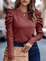 Inrosy pull coton col rond manches bouffantes manches longues femme casual élégant mode hauts automne
