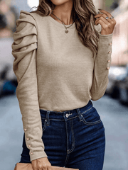 Inrosy pull coton col rond manches bouffantes manches longues femme casual élégant mode hauts automne