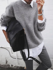 Inrosy pull en maille avec fausse col chemise manches longues femme élégant mode décontracté femme hauts automne