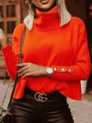 Inrosy pull tricoté col montant boutons cloutée manches longues femme casual élégant mode huats automne