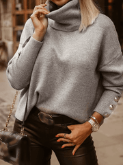 Inrosy pull tricoté col montant boutons cloutée manches longues femme casual élégant mode huats automne