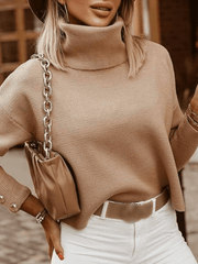 Inrosy pull tricoté col montant boutons cloutée manches longues femme casual élégant mode huats automne