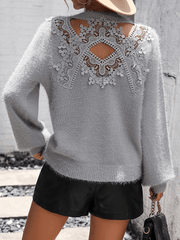 Inrosy pull femme crocheté tricoter découpé en dentelle dos nu col rond manches longues femme casual doux décontracté automne hauts