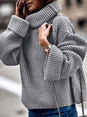 Inrosy pull en grosse maille coton col montant manches longues femme casual mode ample décontracté automne