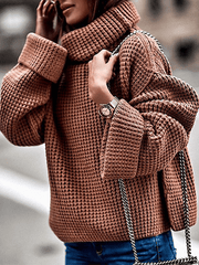 Inrosy pull en grosse maille coton col montant manches longues femme casual mode ample décontracté automne