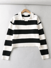 Inrosy courte pull en maille larges rayé polo manches longues femme casual ample décontracté pull marinière