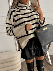 Inrosy pull rayé col montant manches longues femme mignon mode décontracté pull tricoté à la mode automne et hiver