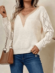 Inrosy pull épaule tombante dentelle v-cou manches longues femme casual mode ample décontracté automne hauts