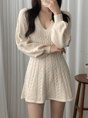 Inrosy pull robe courte en tricot torsadé trapèze v-cou manches bouffantes manches longues femme doux élégant mode