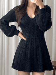 Inrosy pull robe courte en tricot torsadé trapèze v-cou manches bouffantes manches longues femme doux élégant mode