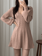 Inrosy pull robe courte en tricot torsadé trapèze v-cou manches bouffantes manches longues femme doux élégant mode