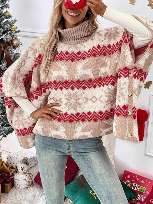 Inrosy pull noël wapiti et chevrons col roulé manches longues femme élégant ample oversized manches chauve souris pull