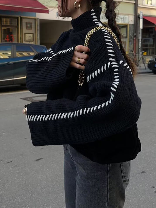 Inrosy pull blanc crochet col montant épaule tombante manches longues femme élégant mode décontracté noir pull