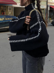 Inrosy pull blanc crochet col montant épaule tombante manches longues femme élégant mode décontracté noir pull