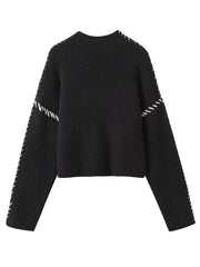 Inrosy pull blanc crochet col montant épaule tombante manches longues femme élégant mode décontracté noir pull