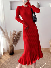 Inrosy longue pull robe moulante unicolore à volantée sirene pearl col rond manches longues femme casual élégant mode automne