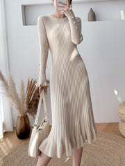 Inrosy longue pull robe moulante unicolore à volantée sirene pearl col rond manches longues femme casual élégant mode automne